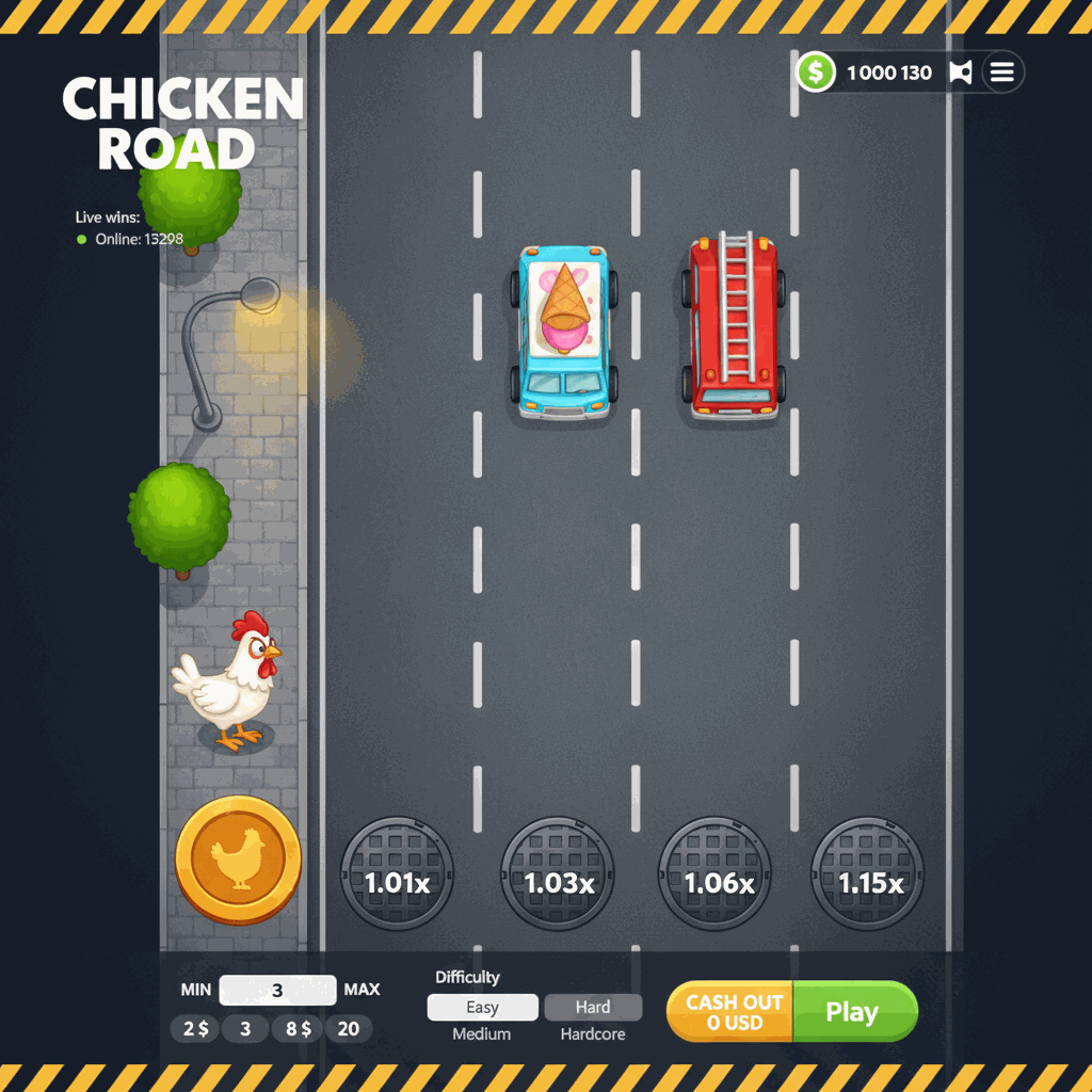 Chicken Road Crash-Game von InOut – ein weißes Cartoon-Huhn steht auf grauem Asphalt zwischen weißen Fahrbahnmarkierungen einer mehrspurigen Straße, bereit zur Überquerung, während im Hintergrund städtische Elemente wie Bürgersteig, Straßenlaterne und grüne Bäume zu sehen sind, dargestellt in einer Vogelperspektive mit comichaftem Stil
